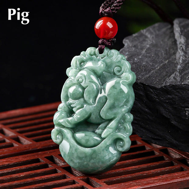 Buddha Stones Natural Jade 12 Chinese Zodiac Prosperity Necklace Pendant Necklaces & Pendants BS Pig