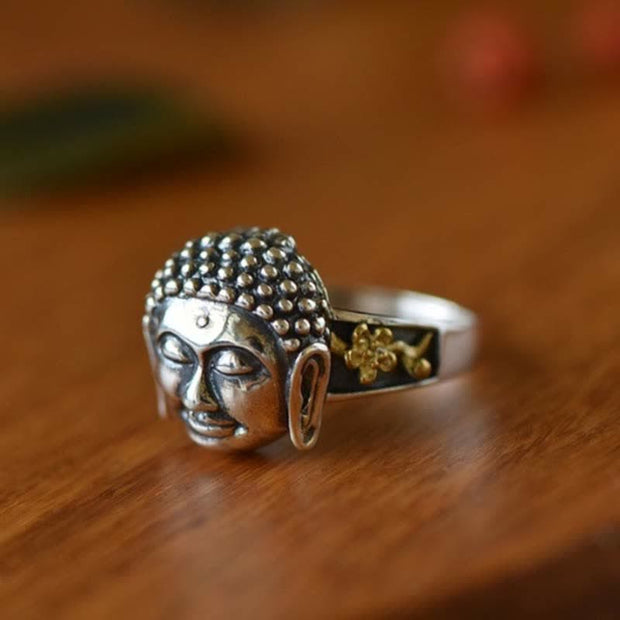 Buddha Stones 925 Sterling Silver Buddha Head Flower Serenity Ring
