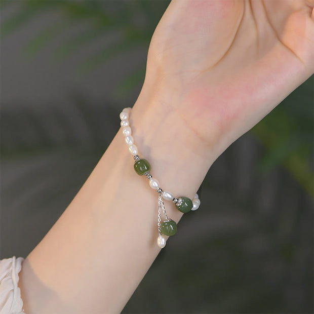 Buddha Stones 925 Sterling Silver Natural Pearl Hetian Jade Healing Bracelet Bracelet BS Pearl Jade Silver Chain