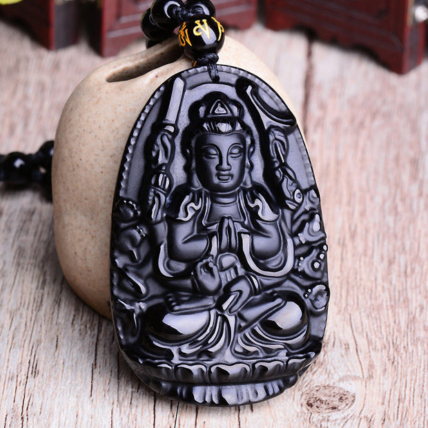 Buddha Stones Chinese Zodiac Obsidian Buddha Amulet Protection Pendant Necklace Necklaces & Pendants BS Rat