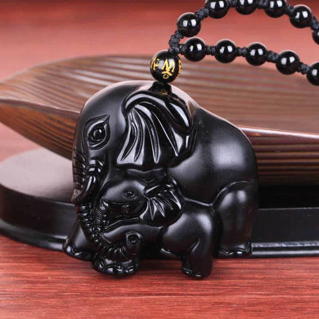 Buddha Stones Black Obsidian Elephant Protection Strength Necklace Pendant Necklaces & Pendants BS 7
