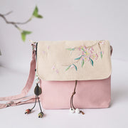 Buddha Stones Handmade Embroidered Plum Flowers Canvas Crossbody Bag Shoulder Bag Handbag Crossbody Bag BS Beige Pink Peach Blossom 17*19cm