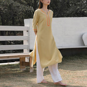 Buddha Stones 2Pcs V-neck Embroidery Yoga Clothing Zen Meditation Cotton Linen Top Pants Women's Set Clothes BS 15