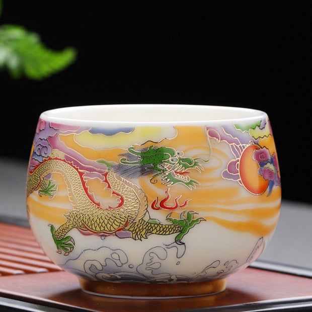 Buddha Stones Dragon Phoenix Auspicious Clouds Sun Ocean Waves Ceramic Teacup Kung Fu Tea Cup