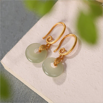 Buddha Stones Round Jade Peace Buckle Leaf Prosperity Dangle Drop Earrings Earrings BS Jade(Prosperity♥Abundance)