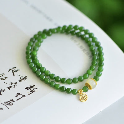 Buddha Stones Hetian Cyan Jade Happiness Blessing Bracelet Bracelet BS Hetian Cyan Jade(Success♥Healing)