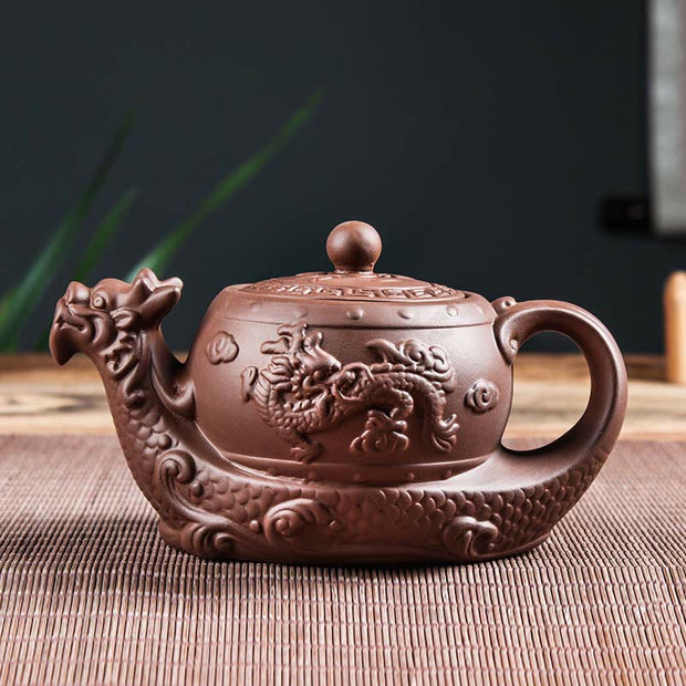 Buddha Stones Vintage Dragon Auspicious Clouds Purple Clay Ceramic Teapot