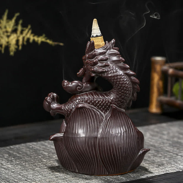 Buddha Stones Dragon Lotus Pattern Strength Protection Ceramic Incense Burner Decoration Incense Burner BS 5