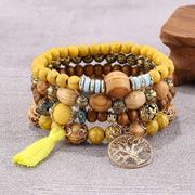 Buddha Stones Wenge Wood Layered Tree Tassel Healing Bracelet Bracelet BS Yellow