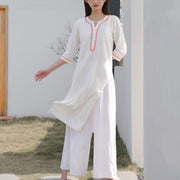 Buddha Stones 2Pcs V-neck Embroidery Yoga Clothing Zen Meditation Cotton Linen Top Pants Women's Set Clothes BS White(Top&Pants) XXL