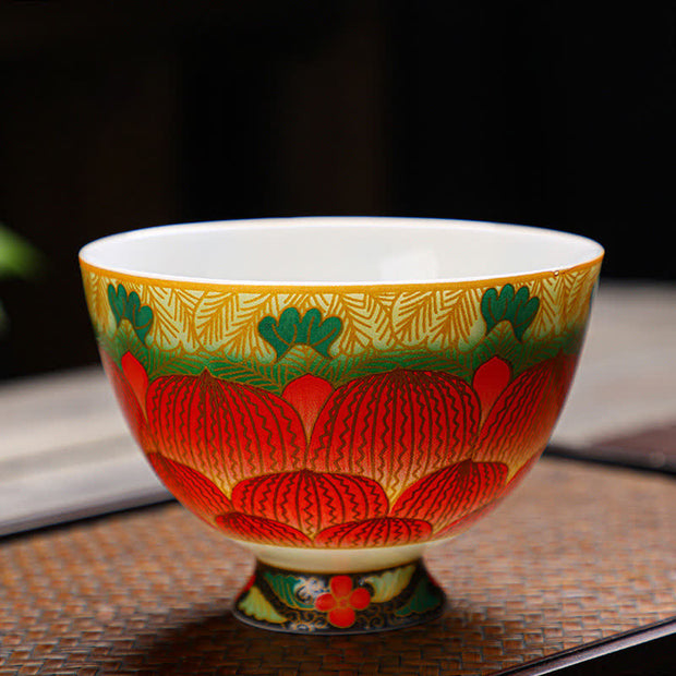 Buddha Stones Lotus Ceramic Teacup Flower Tea Cups 100ml Cup BS Red