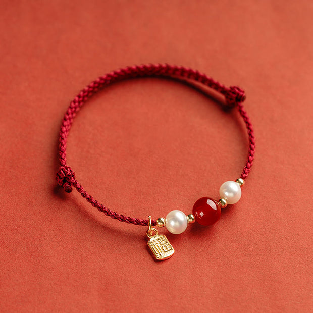 Buddha Stones 925 Sterling Silver Good Fortune Fu Character Agate Pearl Red String Braid Bracelet Bracelet BS 3