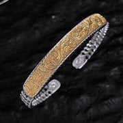 Buddha Stones Tang Dynasty Flower Design Engraved Copper Luck Cuff Bracelet Bangle Adjustable Ring Bracelet Bangle BS Gold Tang Dynasty Flower Design Bracelet Bangle