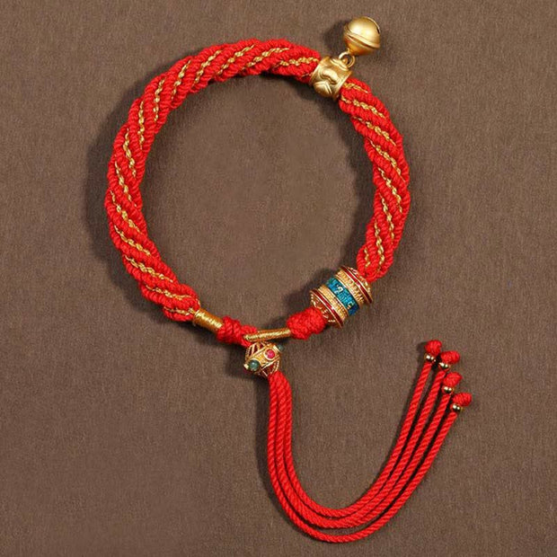Buddha Stones Tibetan Handmade Luck Protection Thangka Prayer Wheel Bell Charm Braid String Bracelet Bracelet BS Red(Wrist Circumference 14-19cm)