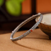 Buddha Stones Vintage Tang Dynasty Flower Design Engraved Red Agate Copper Luck Bracelet Bangle