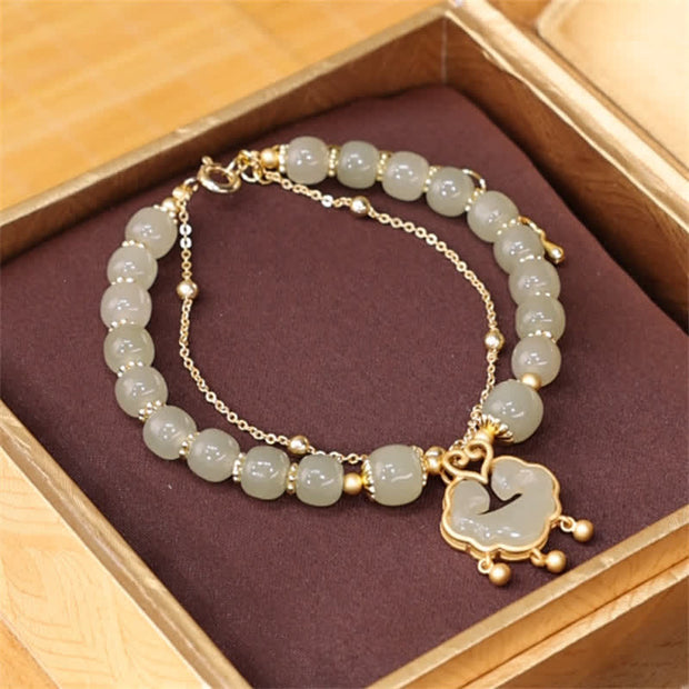 Buddha Stones 14K Gold Plated Natural Hetian Jade Wish Lock Bell Chain Bracelet Bracelet BS Hetian Jade(Prosperity♥Abundance)