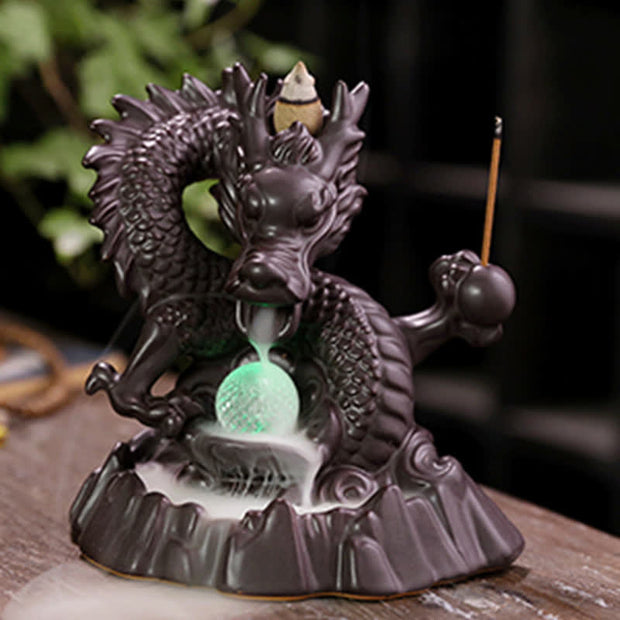 Buddha Stones Auspicious Dragon Ceramic Backflow Smoke Fountain Meditation Healing Incense Burner Led Ball Decoration