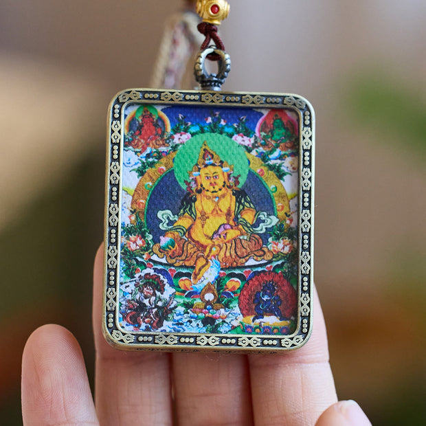 Buddha Stones Tibet Five Directions Gods of Wealth Hand-Painted Thangka Buddha Serenity Necklace Pendant