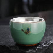 Buddha Stones 999 Sterling Silver Gilding Butterfly Goldfish Lotus Koi Fish Ceramic Teacup Kung Fu Tea Cup 120ml Cup BS Butterfly 7.3cm*5.3cm*120ml