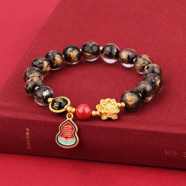 Buddha Stones Tibet Om Mani Padme Hum Fu Character Gourd Charm Lotus Liuli Glass Bead Luck Bracelet Bracelet BS 1
