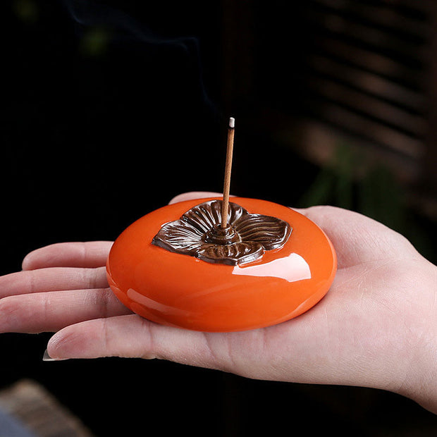 Buddha Stones Persimmon Ceramic Meditation Healing Incense Burner Incense Holders Incense Burner BS 9