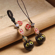 Buddha Stones Ebony Wood Lucky Cat Auspicious Cloud Peace Key Chain Phone Hanging Decoration