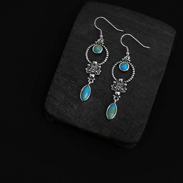 Buddha Stones 925 Sterling Silver Vintage Turquoise Waterdrop Pattern Balance Drop Dangle Earrings Earrings BS 5