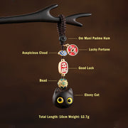 Buddha Stones Ebony Wood Lucky Cat Auspicious Cloud Peace Key Chain Phone Hanging Decoration Key Chain BS 6