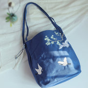 Buddha Stones Flower Crane Plum Blossom Embroidery Canvas Large Capacity Shoulder Bag Tote Bag Bag BS 4