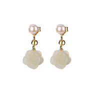 Buddha Stones 925 Sterling Silver Plated Gold Jade Rose Flower Cyan Jade Pearl Luck Earrings Earrings BS 8
