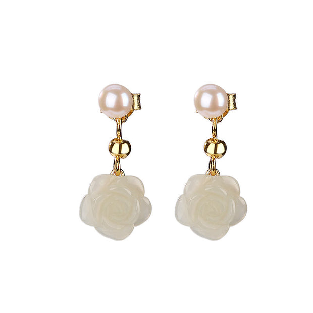 Buddha Stones 925 Sterling Silver Plated Gold Jade Rose Flower Cyan Jade Pearl Luck Earrings Earrings BS 8