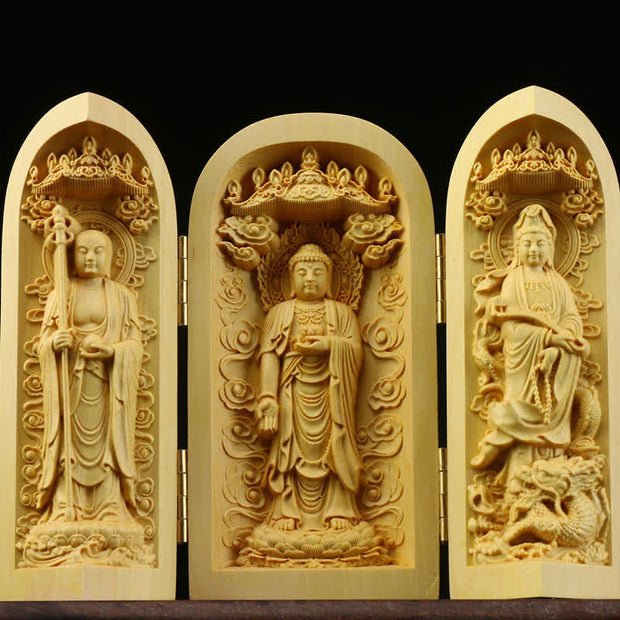 Buddha Stones Hand-carved Portable Buddha Boxwood Serenity Home Decoration Altar Prayer Altar BS Sakyamuni Buddha&Avalokitesvara&Ksitigarbha Bodhisattva