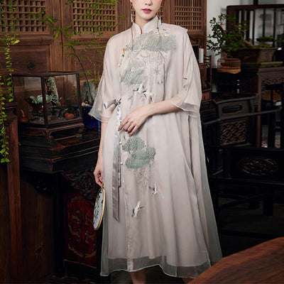 Buddha Stones 100% Mulberry Silk 6 Momme Dress Retro Pine Tree Crane Embroidery Qipao Dress Women's Cheongsam Dress