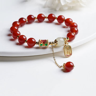 Buddha Stones Natural Red Agate Hetian Jade Fu Character Confidence Charm Bracelet Bracelet BS Red Agate&Fu Character