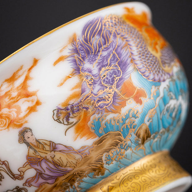 Buddha Stones Golden Eagle Auspicious Dragon Sun Ocean Waves Gilt Ceramic Teacup Kung Fu Tea Cup