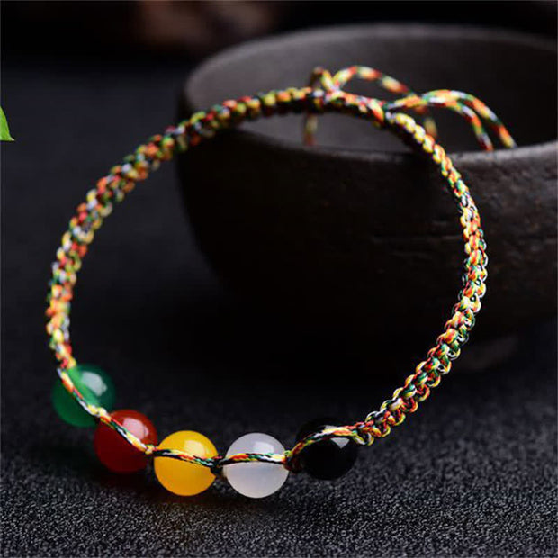Buddha Stones Colorful Agate Metal Wood Water Fire Earth Five Elements String Bracelet