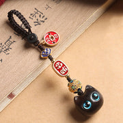 Buddha Stones Ebony Wood Lucky Cat Auspicious Cloud Peace Key Chain Phone Hanging Decoration Key Chain BS 10