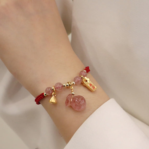 Buddha Stones Natural Strawberry Quartz Money Bag Lotus Healing Charm Red String Braided Bracelet Bracelet BS 1