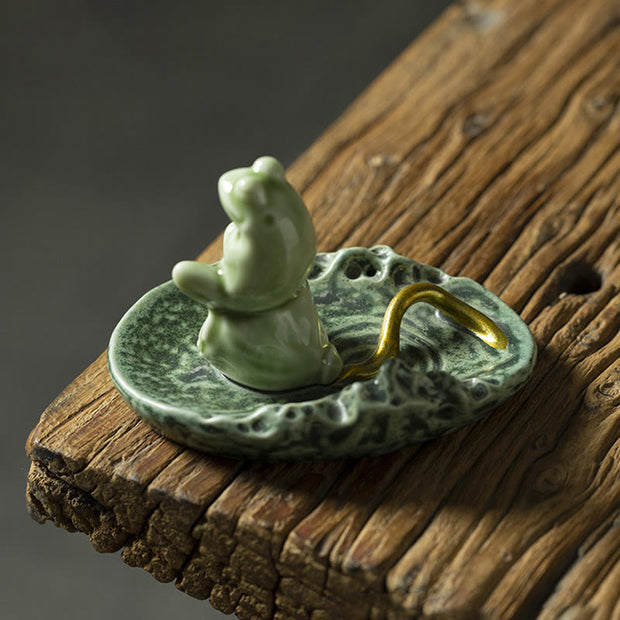 Buddha Stones Leaf Meditation Frog Pattern Healing Ceramic Incense Burner Decoration