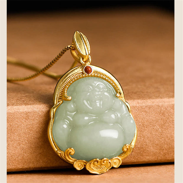 Buddha Stones 925 Sterling Silver Laughing Buddha Natural Hetian Jade Luck Prosperity Necklace Pendant Necklaces & Pendants BS 7