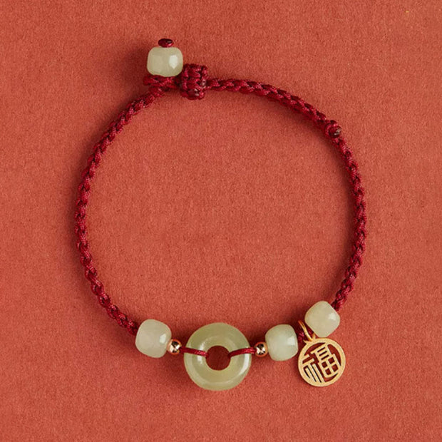 Buddha Stones Round Peace Buckle Jade Lotus Happiness Abundance Wealth String Bracelet Bracelet BS Happiness-Dark Red(Wrist Circumference 14-18cm)