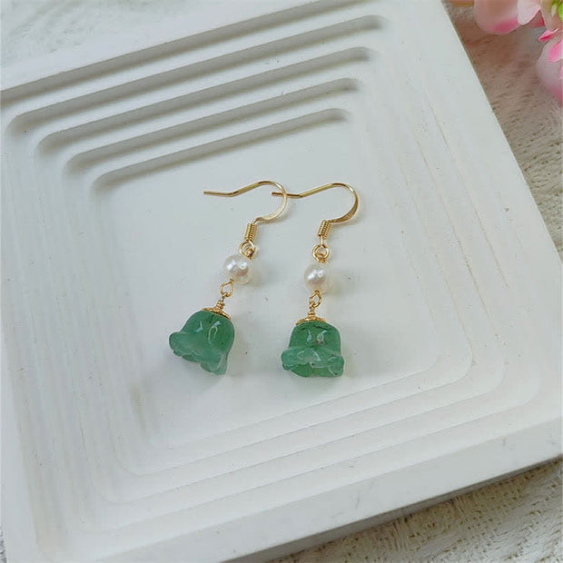 Buddha Stones Lily of The Valley Natural Green Aventurine 14K Gold Plated Luck Pearl Drop Dangle Floral Earrings Earrings BS 5