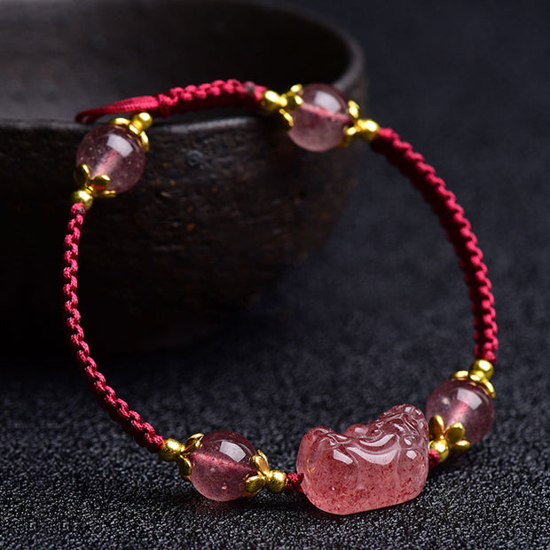 Buddha Stones Natural Strawberry Crystal Pixiu Charm Lucky Red String Bracelet Bracelet BS 2