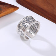Buddha Stones 999 Sterling Silver Lotus Flower Heart Sutra Protection Ring Ring BS 1