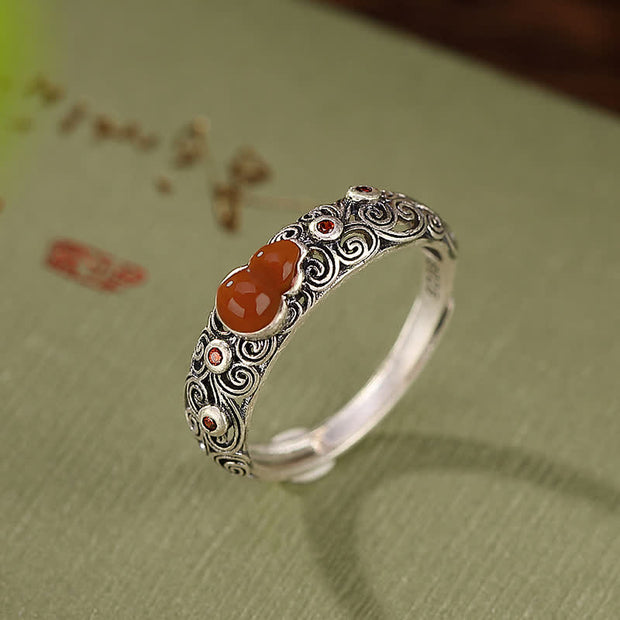Buddha Stones 925 Sterling Silver Red Agate Cyan Jade Gourd Blessing Auspicious Ring Ring BS 2