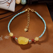 Buddha Stones 925 Sterling Silver Natural Turquoise Amber PiXiu Protection Bracelet Bracelet BS Turquoise PiXiu Amber(Wrist Circumference 15-18cm)
