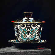 Buddha Stones Peking Opera Mask Pattern Ceramic Gaiwan Sancai Teacup Kung Fu Tea Cup And Saucer With Lid Teapot