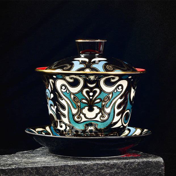 Buddha Stones Peking Opera Mask Pattern Ceramic Gaiwan Sancai Teacup Kung Fu Tea Cup And Saucer With Lid Teapot