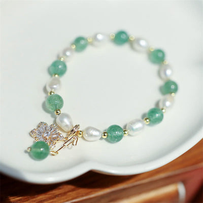 Buddha Stones Natural Green Strawberry Quartz Pearl Flower Charm Love Bracelet Bracelet BS Green Strawberry Quartz(Soothing♥Calm)