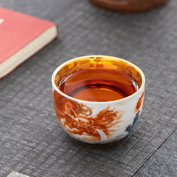 Buddha Stones Dragon Phoenix Crane Sun Ocean Waves Gilt Ceramic Teacup Kung Fu Tea Cup 170ml